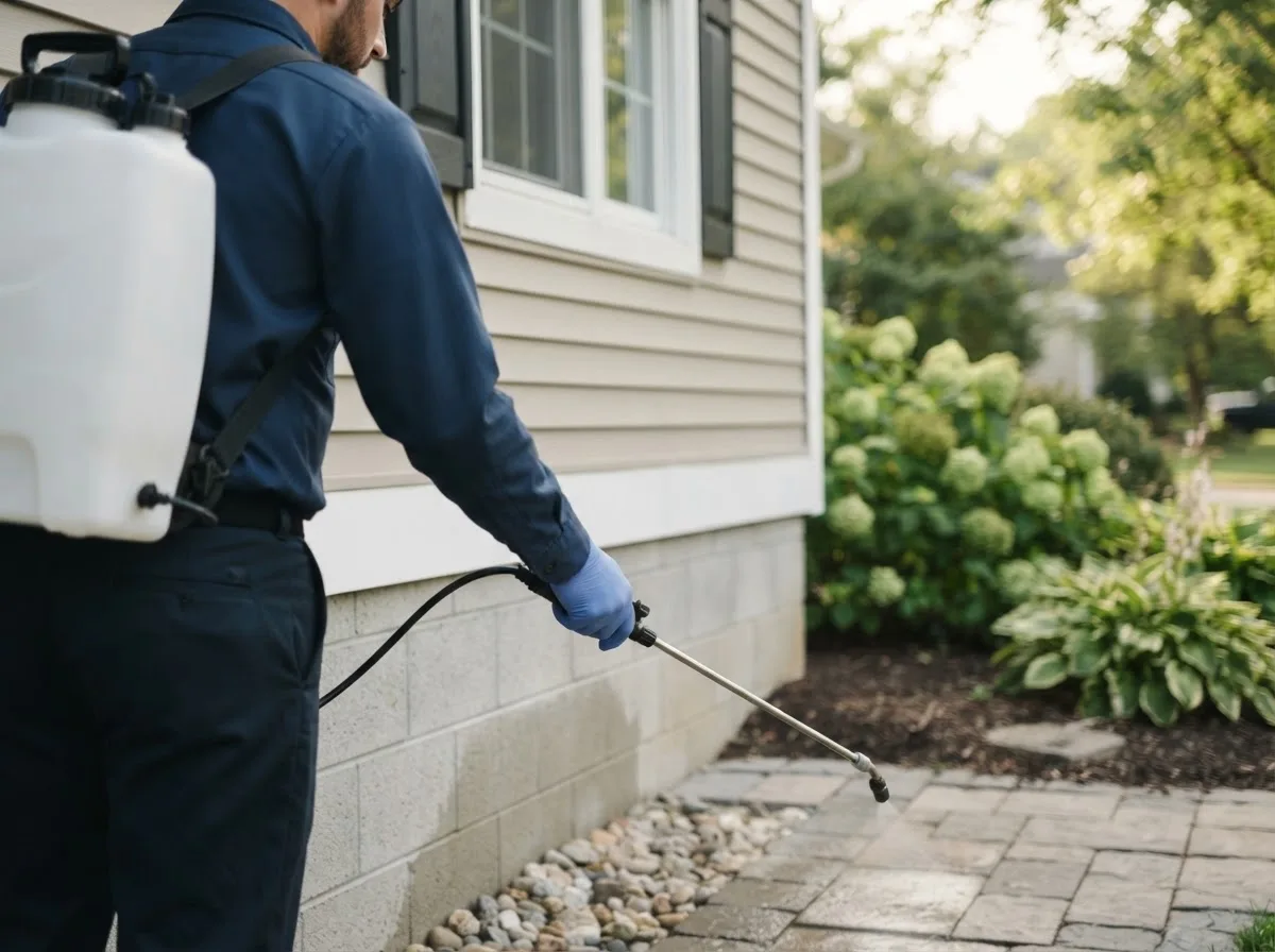 Pest control technician inspecting a home in Muskegon, MI